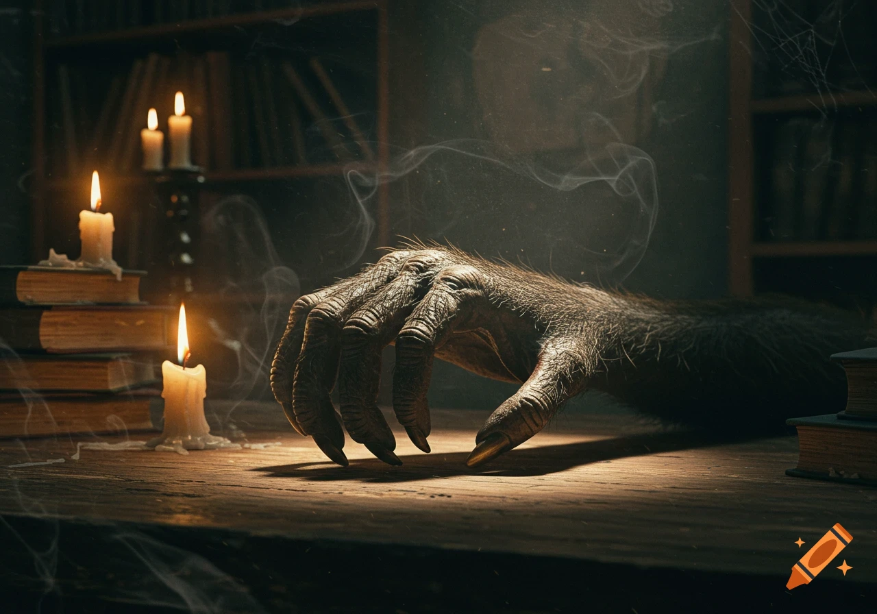 Hairy, clawed monkey's paw on a wooden table with old books and lit candles in a dark, smoky, photorealistic setting.