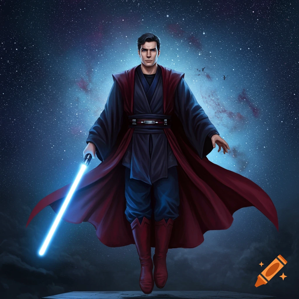 A powerful man resembling Superman in dark blue and red Jedi robes, holding a glowing blue lightsaber, floats against a starry sky.