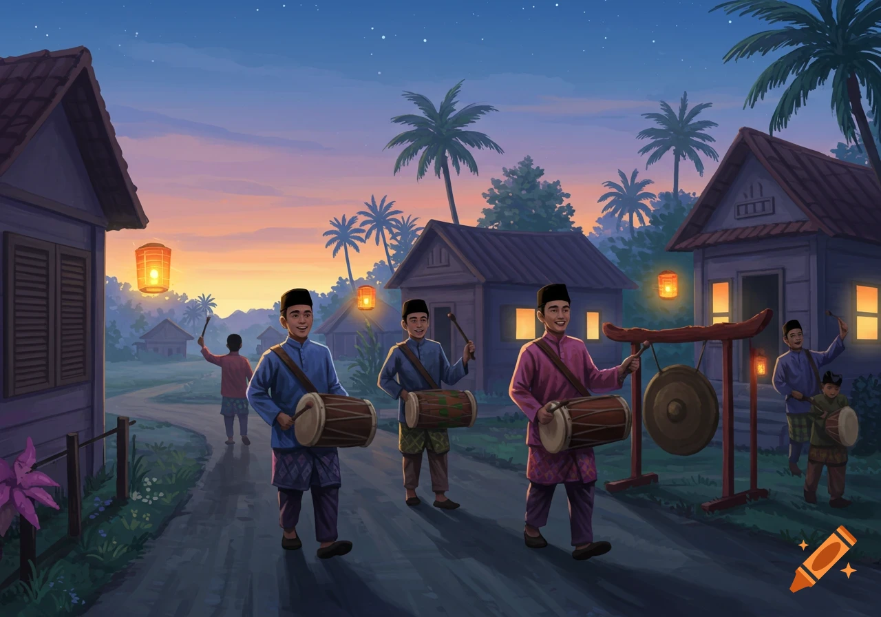 Illustration of men in traditional attire playing drums and a gong in a village at twilight, with glowing lanterns and palm trees.