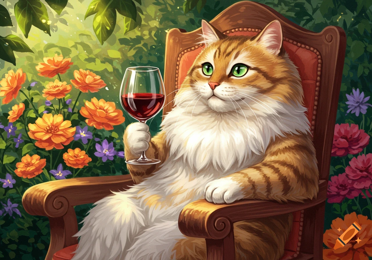 A fluffy tabby and white cat with green eyes sits in a chair, holding red wine, surrounded by colorful flowers in a vibrant illustration.