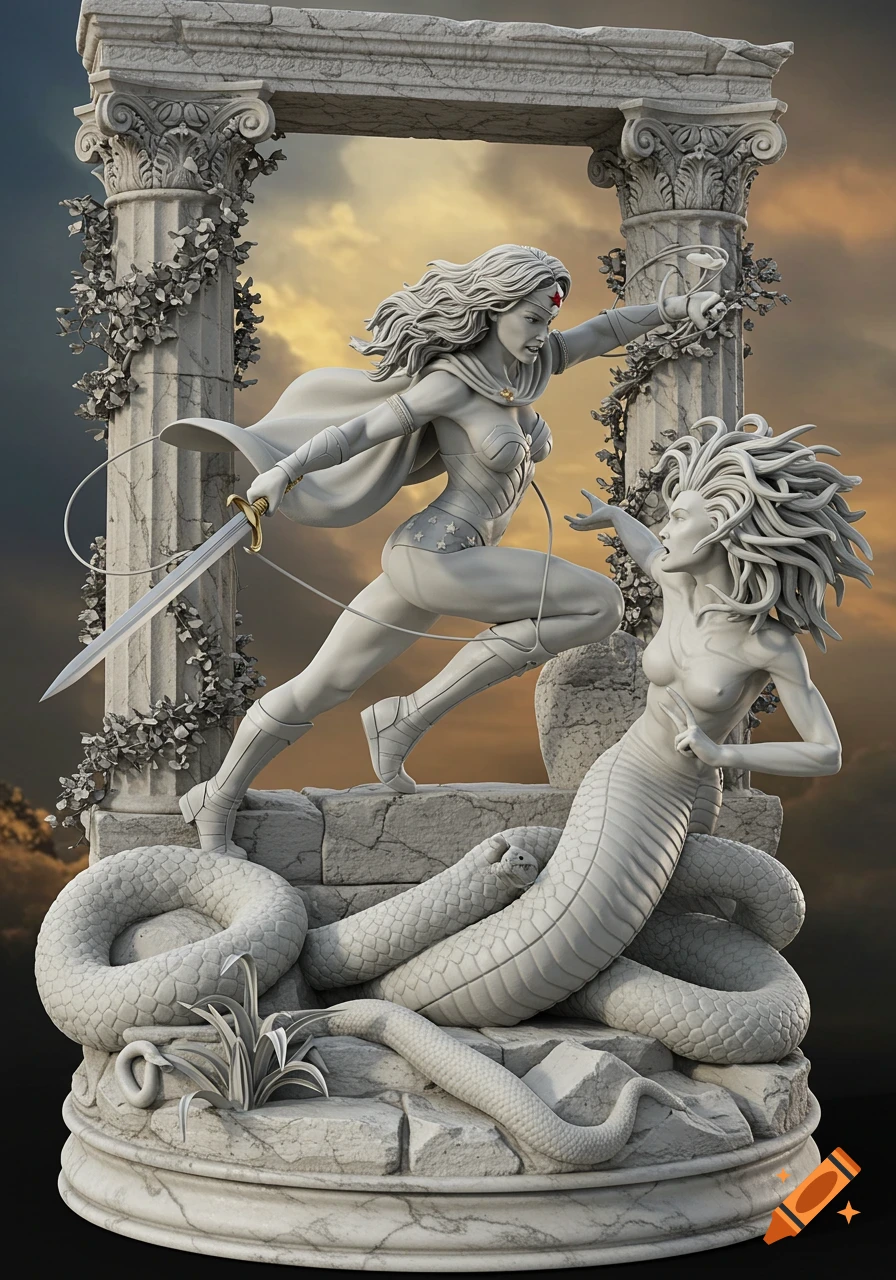 Marble statue of Wonder Woman fighting Medusa amidst ancient ruins and a sunset sky.
