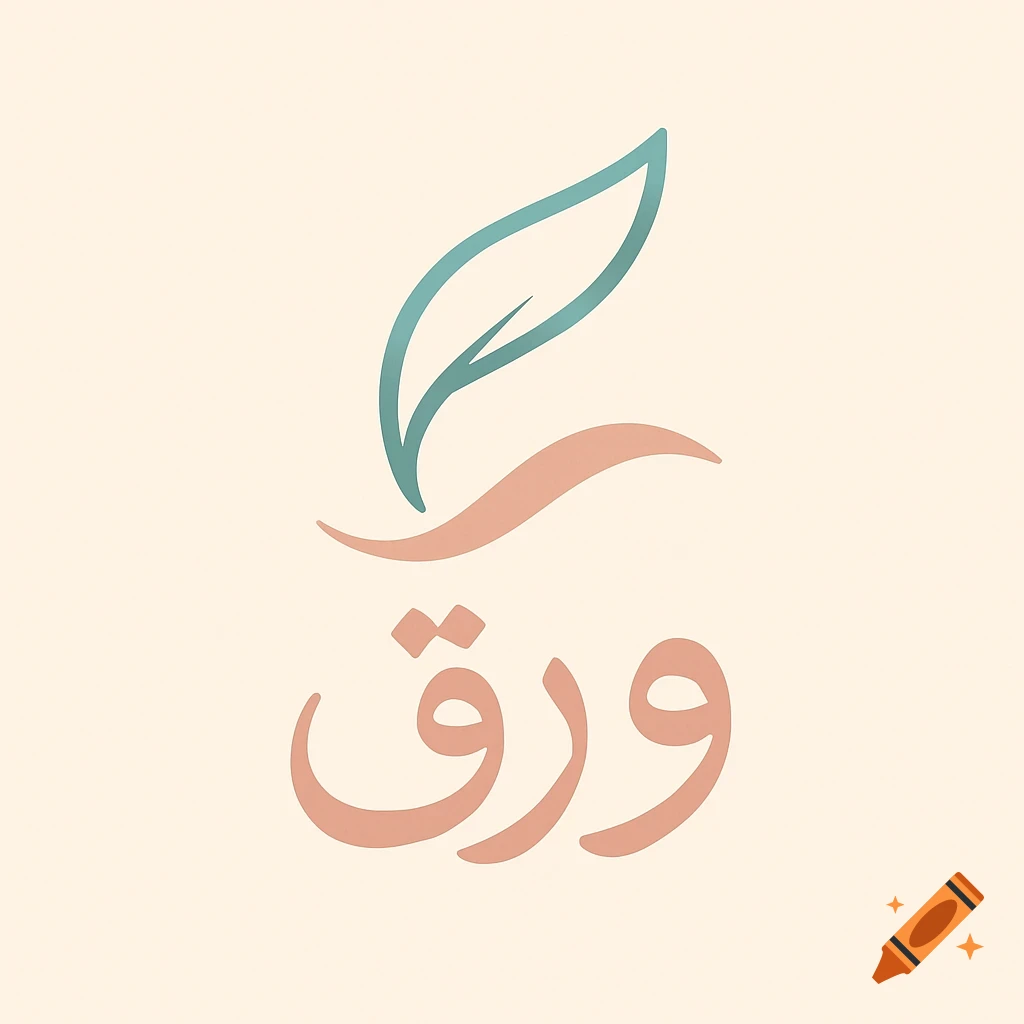 Minimalist logo with Arabic text '"ورق"' (paper) in peach, topped by a teal leaf, on a cream background.