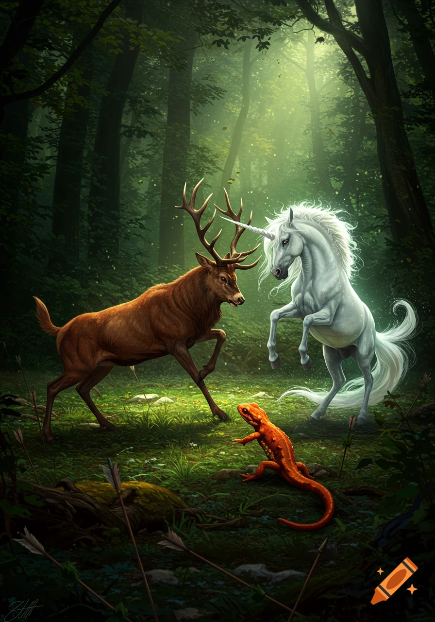 A majestic deer and a white unicorn face each other in a magical forest, with an orange salamander and arrows on the ground.
