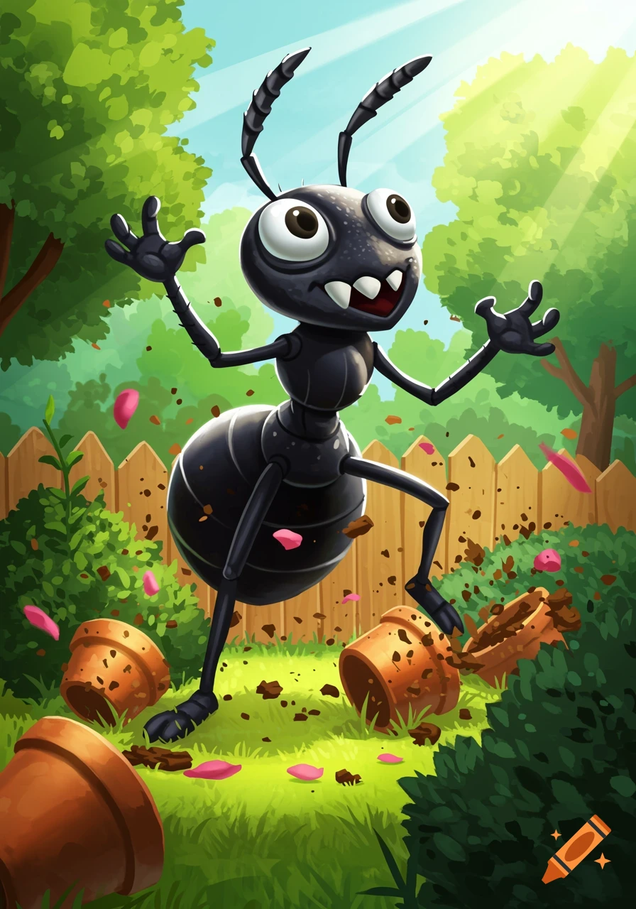 A cartoon black ant with big eyes and sharp teeth, running through a backyard and knocking over terracotta flower pots and spilling dirt.