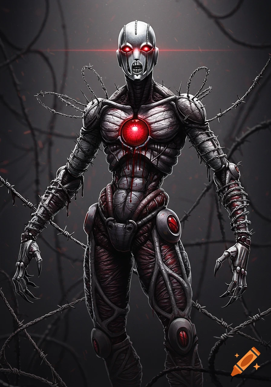 A humanoid creature made of chrome, muscle fibers, and barbed wire, with glowing red eyes and a chest core, against a dark, shadowy background.