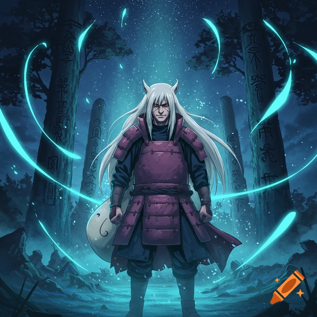 A white-haired character with cat ears and red eyes wears purple samurai armor in a dark, mystical forest with glowing blue energy and ancient stone pillars, in an anime style.