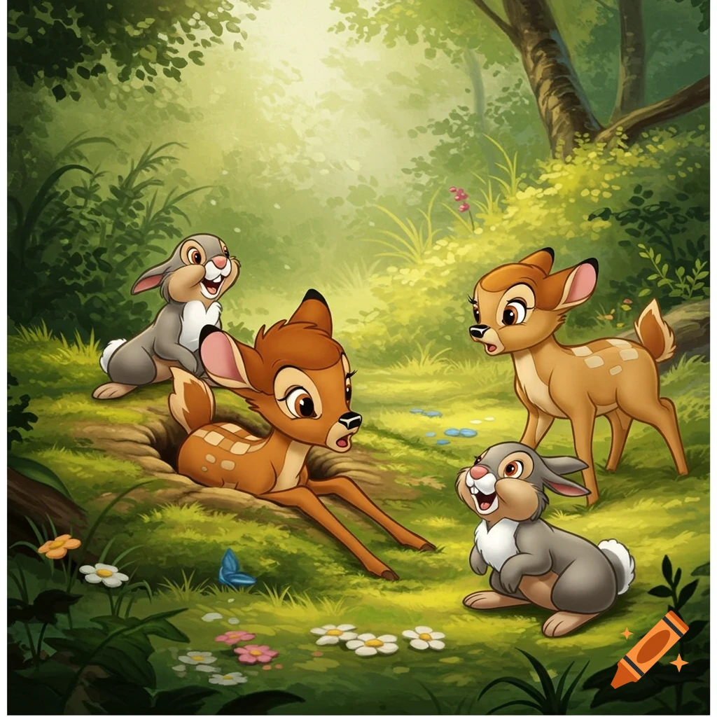 Cartoon of Bambi the deer lying in a hole, surrounded by two smiling rabbits and another deer in a lush green forest.