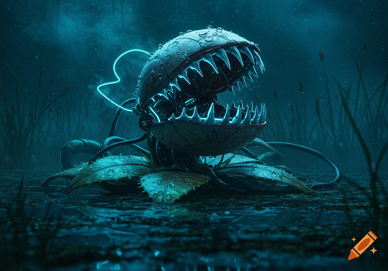 A detailed, glowing blue robotic Venus flytrap with sharp teeth emerges from a dark, misty swamp at night.