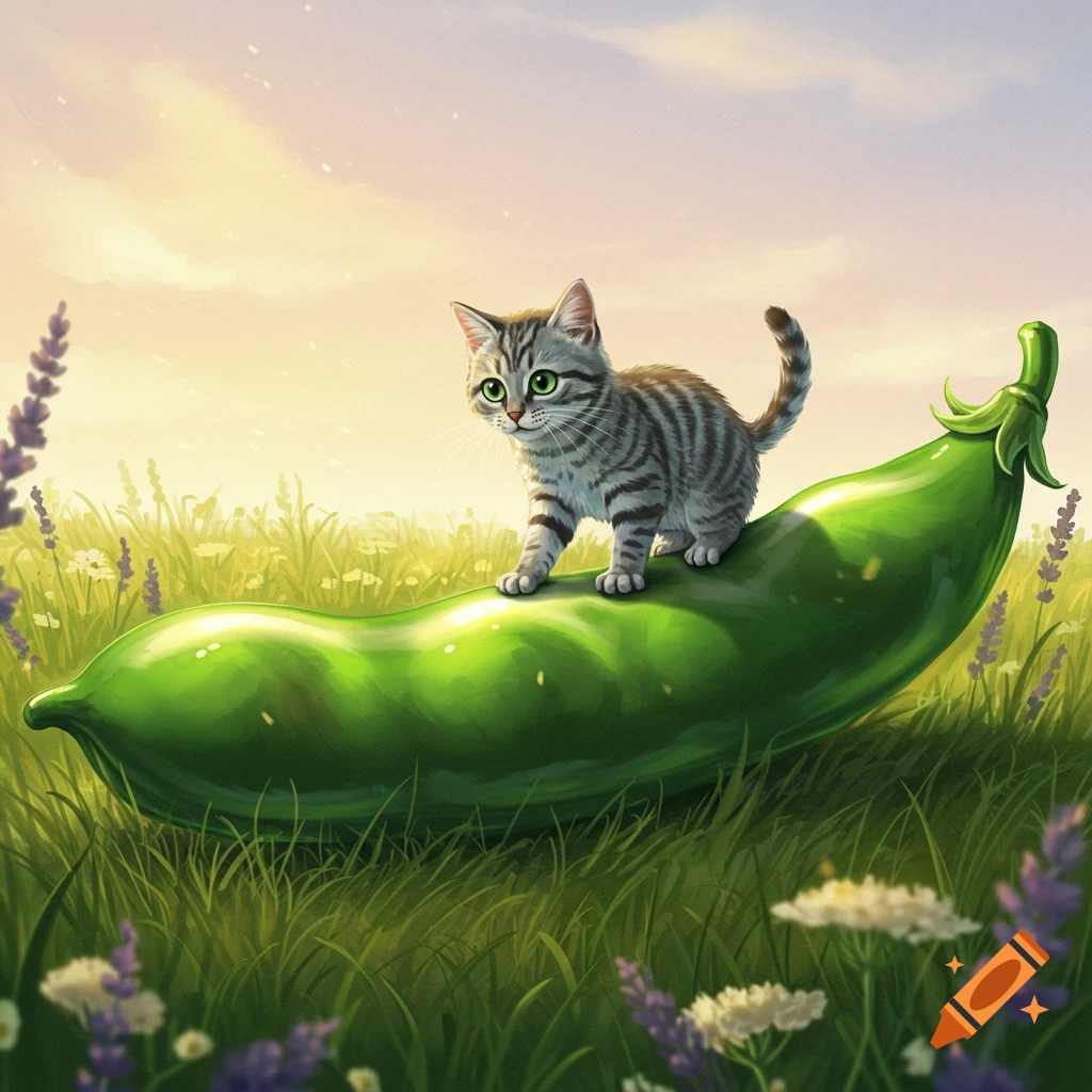 A cute tabby kitten stands on a giant green pea pod in a sunny field with wildflowers, digital illustration.