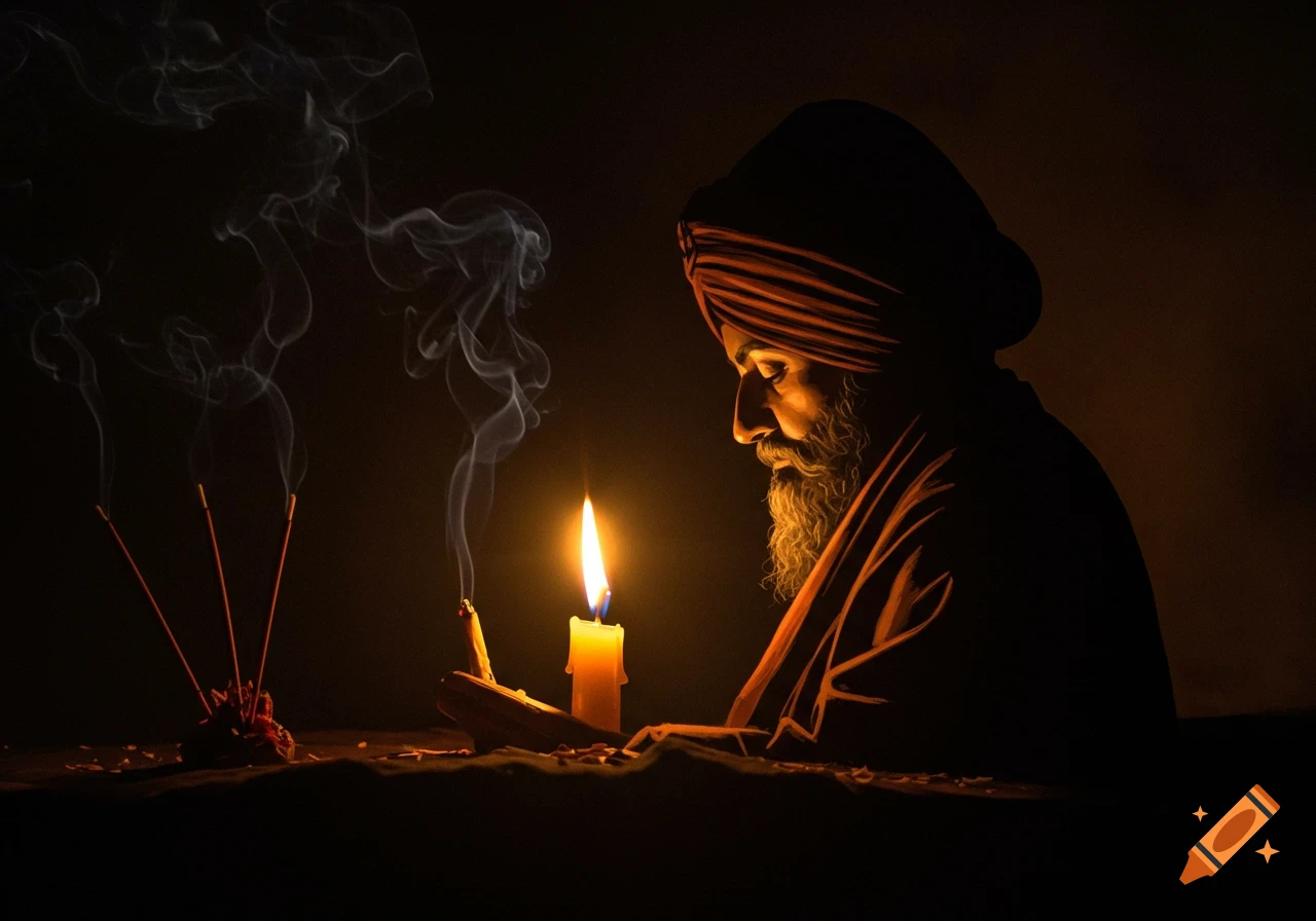 A man with a turban and beard, illuminated by a candle and rising incense smoke in a dark, contemplative setting.