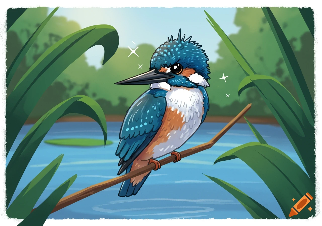 A colorful cartoon kingfisher perches on a branch above blue water, surrounded by green reeds.