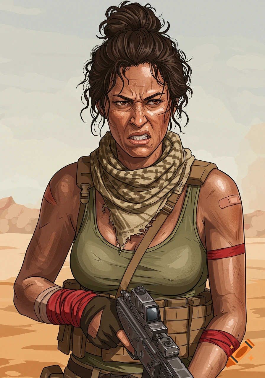 Vector art illustration of a grim, determined female soldier with a weapon, standing in a desert landscape.