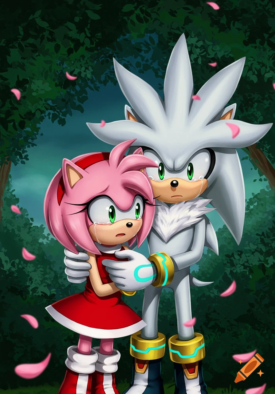 Amy Rose, a pink hedgehog, cries as Silver the Hedgehog, a white hedgehog, comforts her with an embrace in a green forest setting.