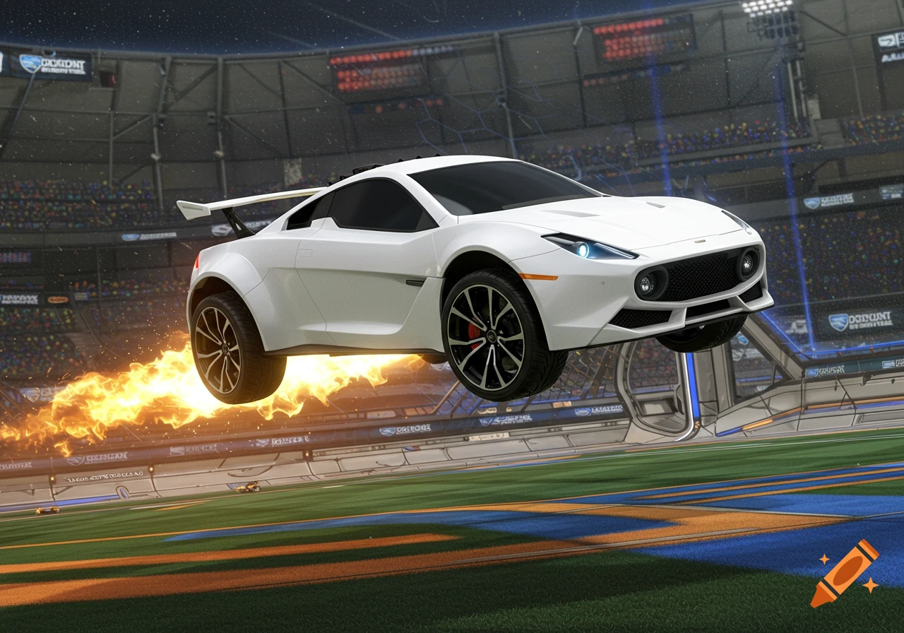 A white Rocket League Fennec car with alpha boost jumps in a stadium arena, fire trailing from its rear.