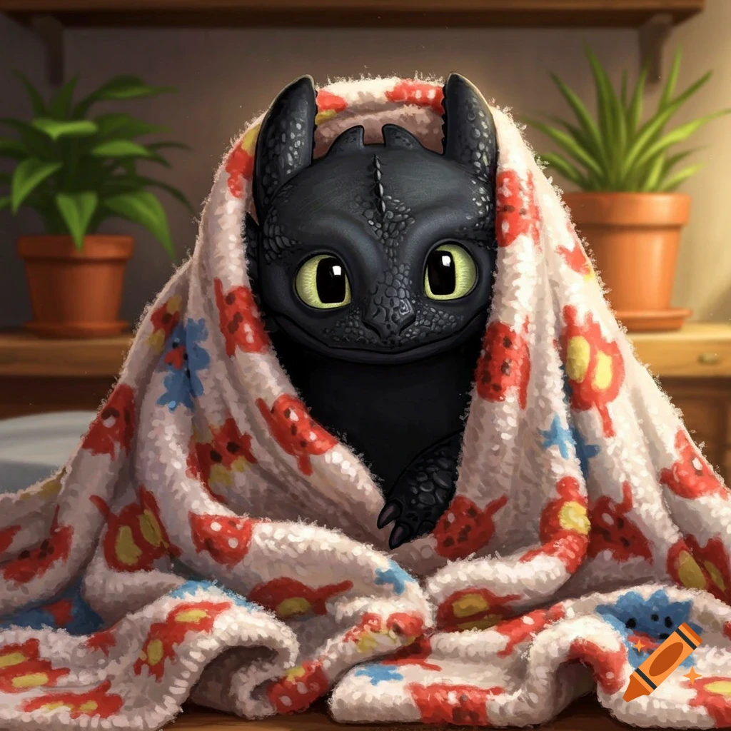 A cute cartoon black dragon, Toothless, with large green eyes, peeking from a colorful patterned blanket.