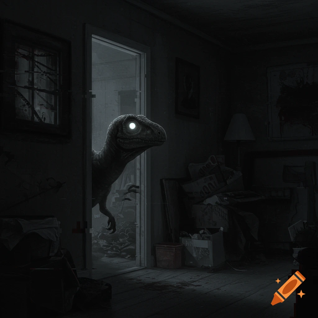 A glowing-eyed raptor peers into a dark, cluttered room from a doorway, in a grainy, analog horror style.