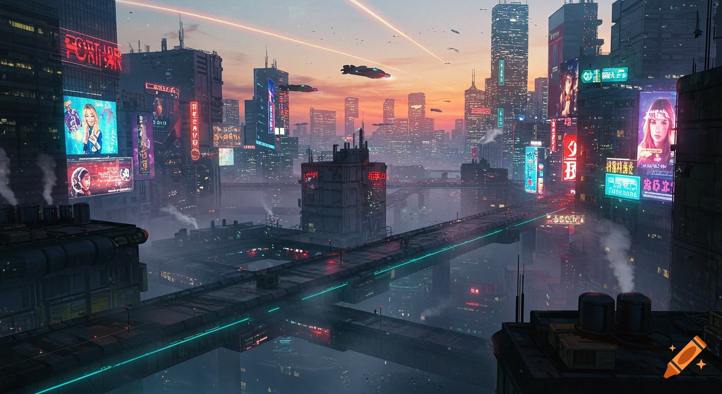 A panoramic view of a realistic cyberpunk city at dusk, with neon-lit skyscrapers, busy streets, and flying vehicles over elevated roadways.