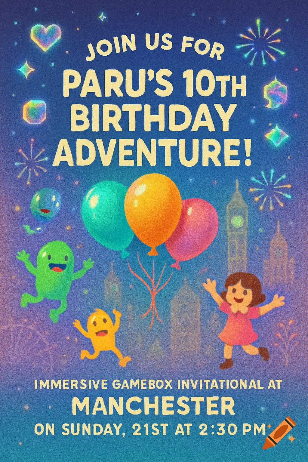 A colorful birthday invitation card with cartoon characters, balloons, and city silhouettes in the background against a dark blue sky. Text reads: "Join us for Paru's 10th Birthday Adventure! Immersive Gamebox Invitational at Manchester on Sunday, 21st at 2:30 PM."