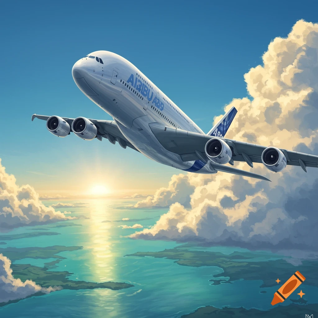 Large white Airbus A380 plane soaring above tropical islands and ocean, with a bright sunset reflecting on the water, illustrative style.