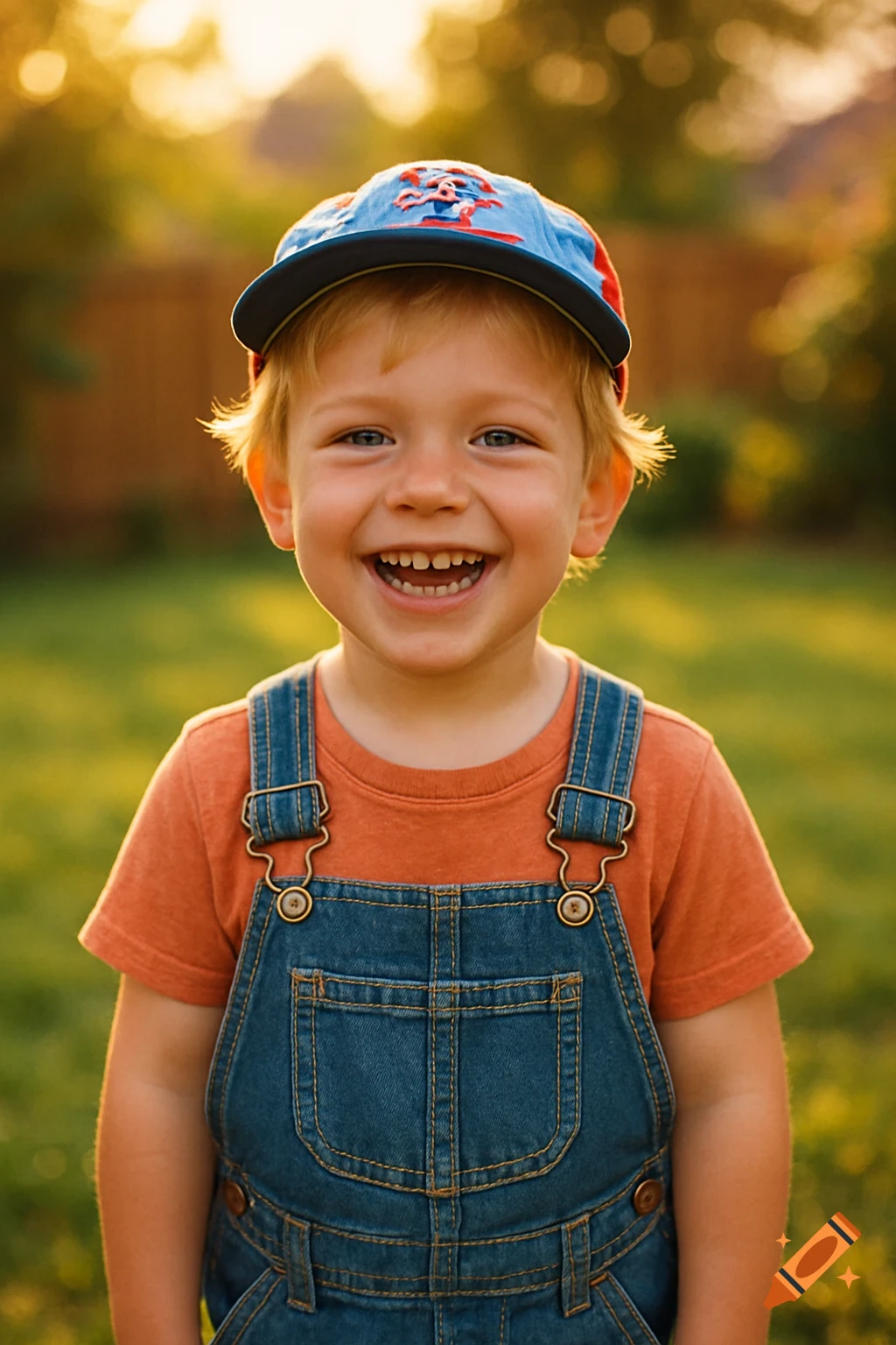 A cheerful young boy in denim overalls and a colorful baseball cap smiles directly at the camera outdoors during golden hour.