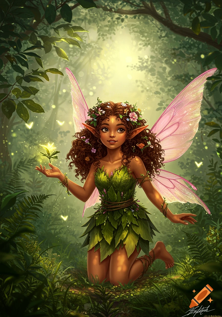 Fantasy illustration of a fairy druid with brown skin, curly hair, flower crown, pink wings, kneeling in a forest, holding a glowing plant.