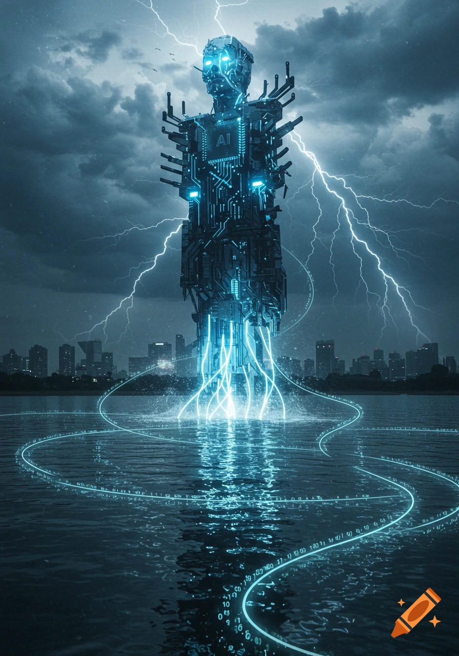 Giant glowing blue AI robot rising from stormy water with lightning over a city skyline, circuit board patterns, sci-fi art.