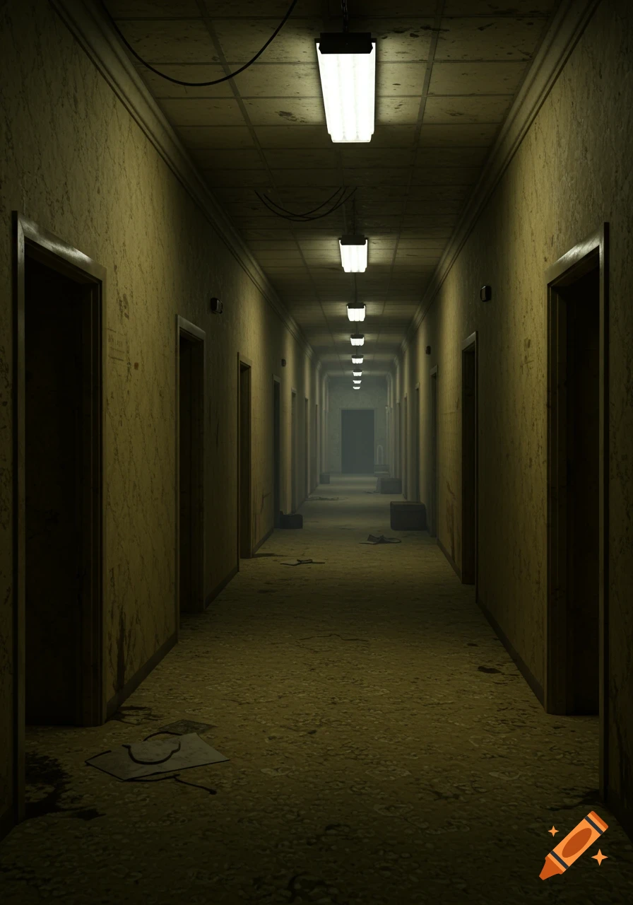 A long, dark, empty, and dirty hallway with fluorescent lights stretching into the hazy distance, evoking a liminal space.