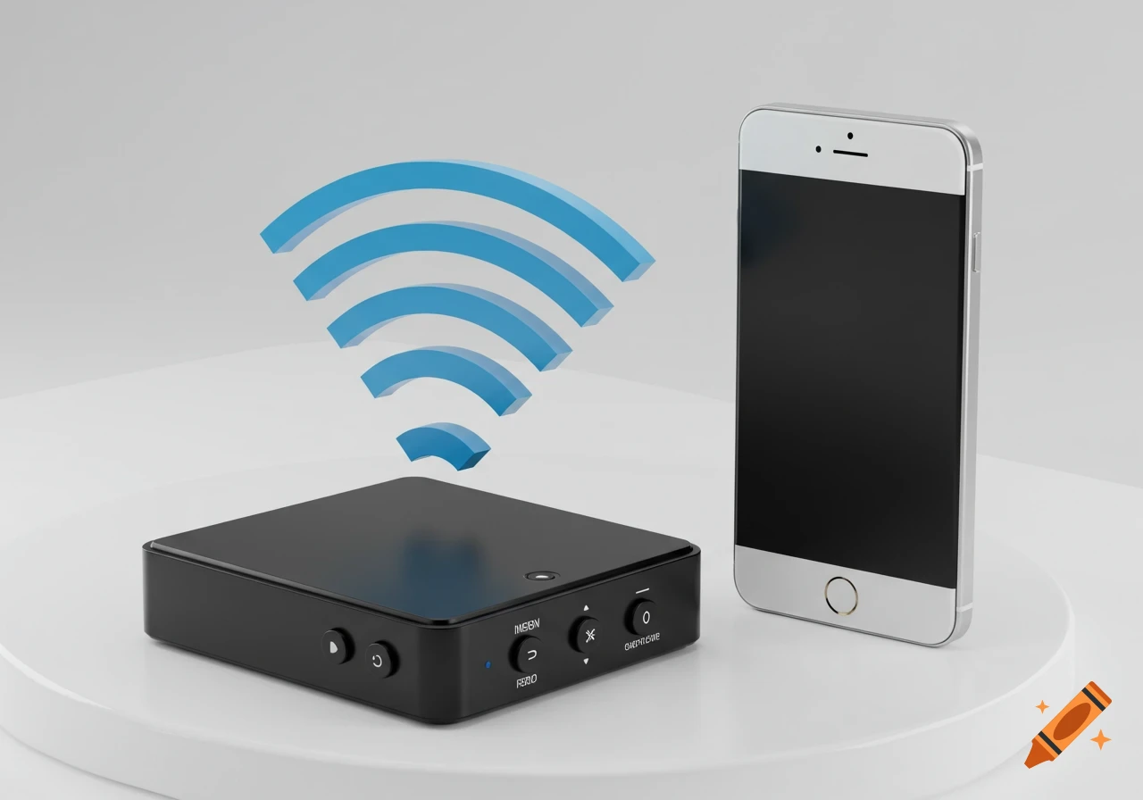 A black rectangular receiver with buttons and a blue light next to a silver smartphone, with blue Wi-Fi signals emanating from the receiver, all on a white circular platform.