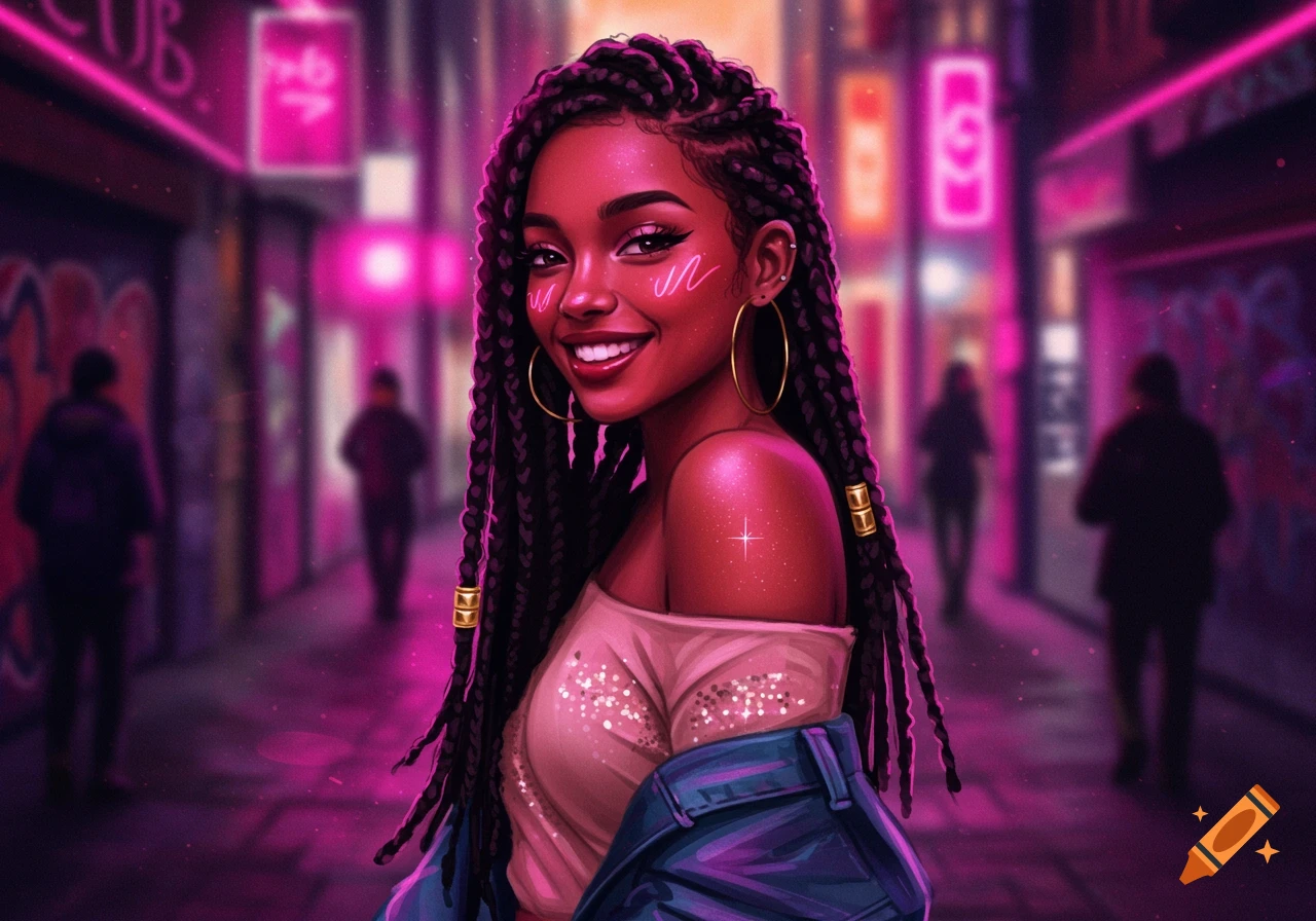 Vibrant digital art portrait of a smiling Black woman with box braids and hoop earrings in a neon-lit urban setting.