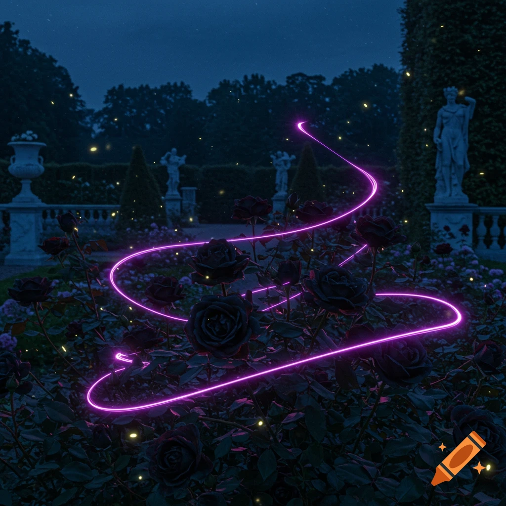 A dark royal garden at night with black roses, illuminated by a glowing purple magic spiral and fireflies.