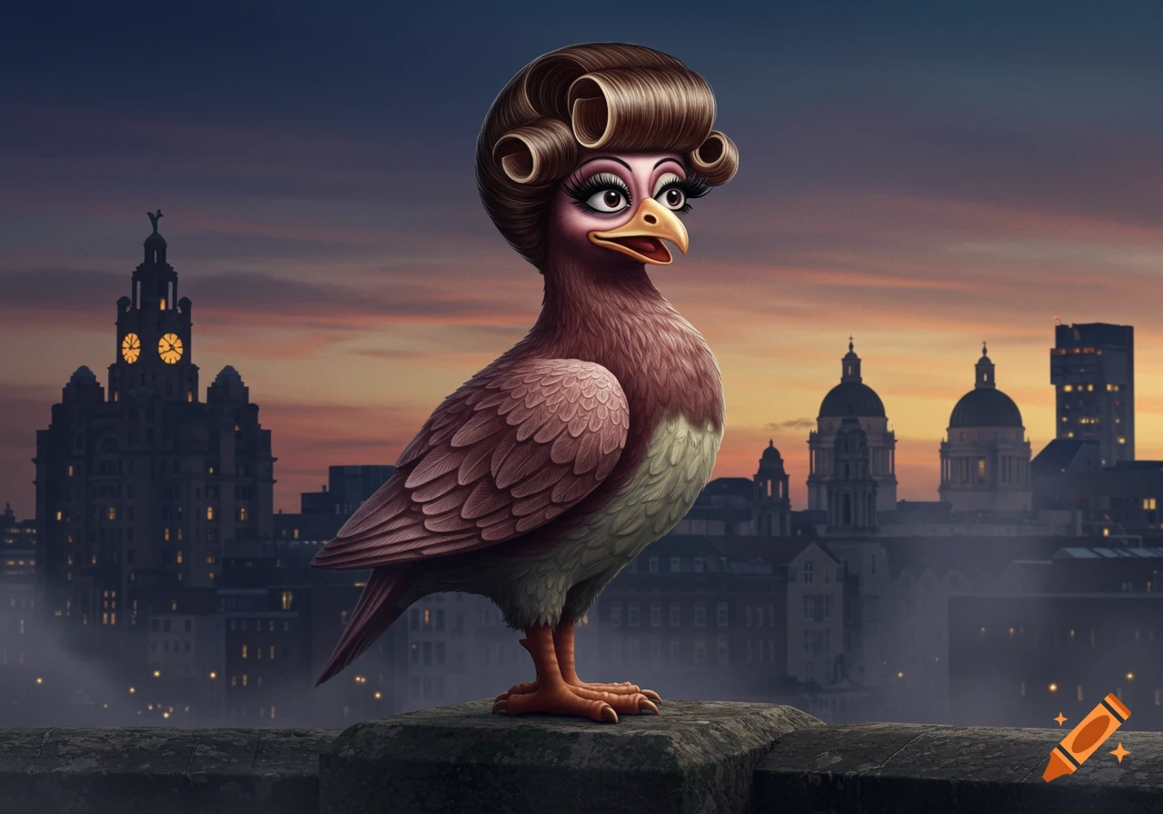 A cartoon pigeon-like bird with a curly hairstyle and long eyelashes stands on a ledge overlooking a misty cityscape at dusk.
