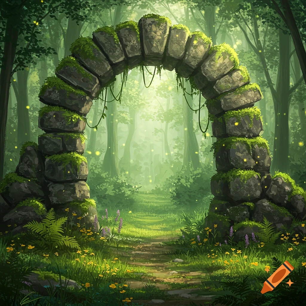 A moss-covered stone archway stands in a lush, magical forest with glowing fireflies and a path leading into a bright mist.