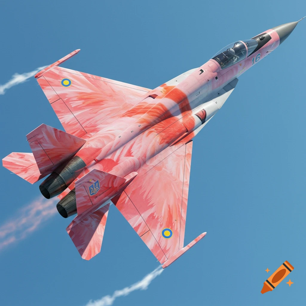 A pink flamingo-patterned Ukrainian fighter jet with the number 16 on its side flies against a clear blue sky, leaving white contrails.