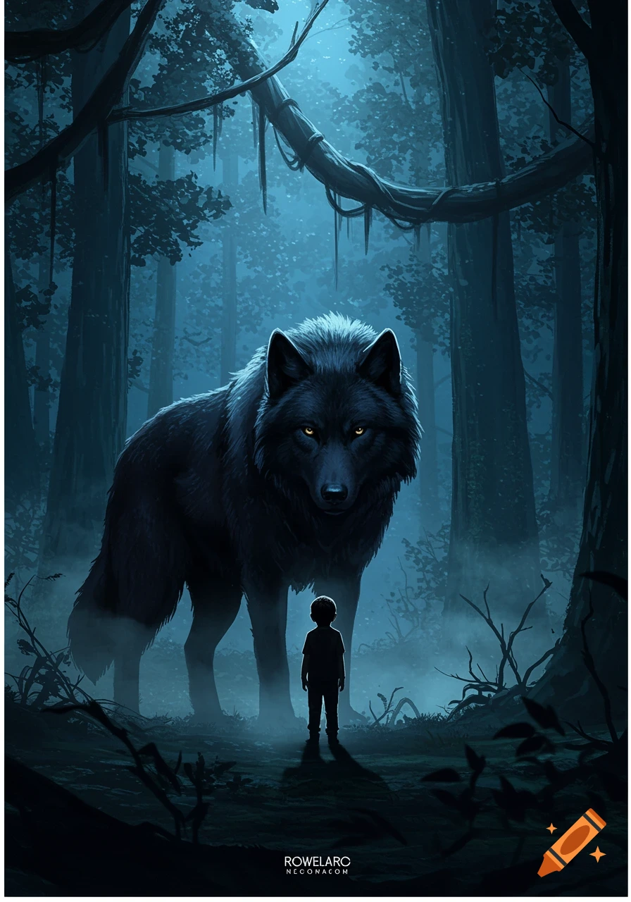 A large black wolf with glowing yellow eyes looms over a silhouetted boy in a dark, misty forest, digital painting.