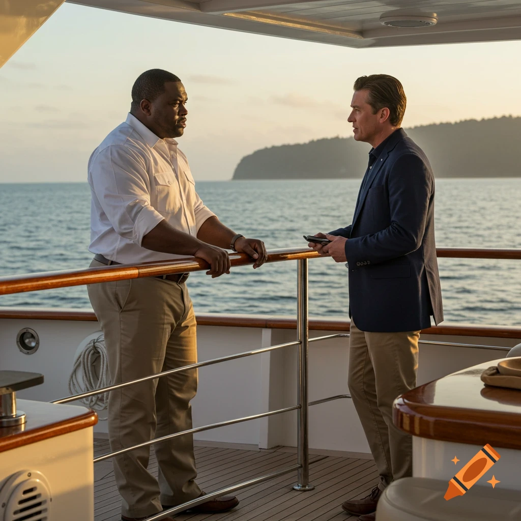Two men in collared shirts and khakis discuss on the deck of a yacht with the ocean and an island in the background.
