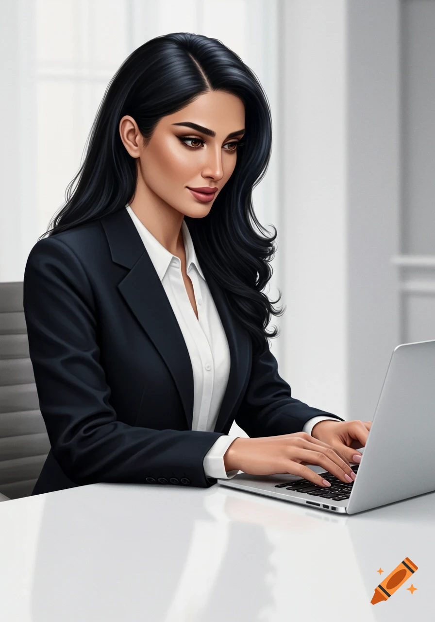 Realistic portrait of a beautiful Iranian businesswoman in formal attire working on a laptop in a professional office.
