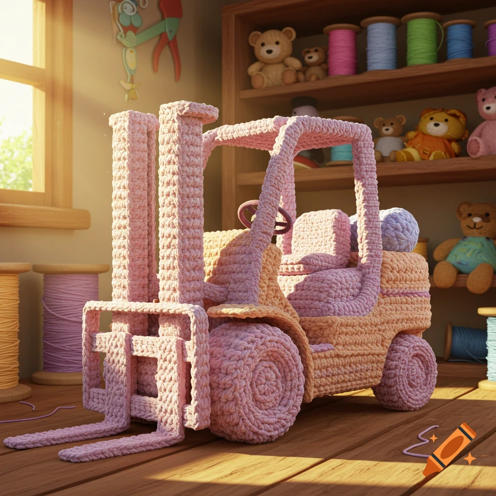 A pink and yellow crochet forklift sits on a wooden floor in a sunlit room filled with spools of thread and teddy bears on shelves.