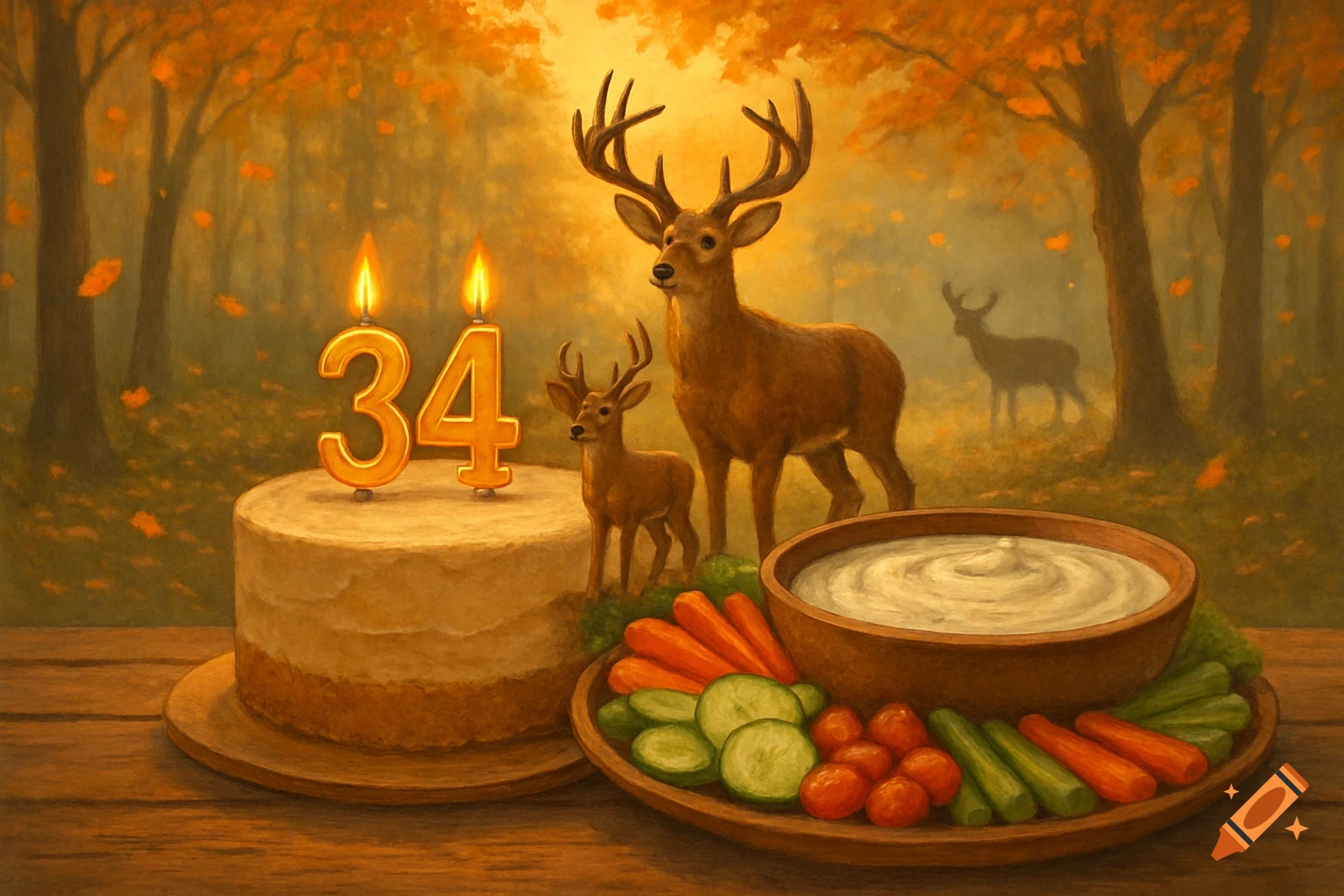 A painted scene of a birthday cake with "34" candles, a large deer, a fawn, and a bowl of ranch dip with vegetables on a wooden table in a golden autumn forest.