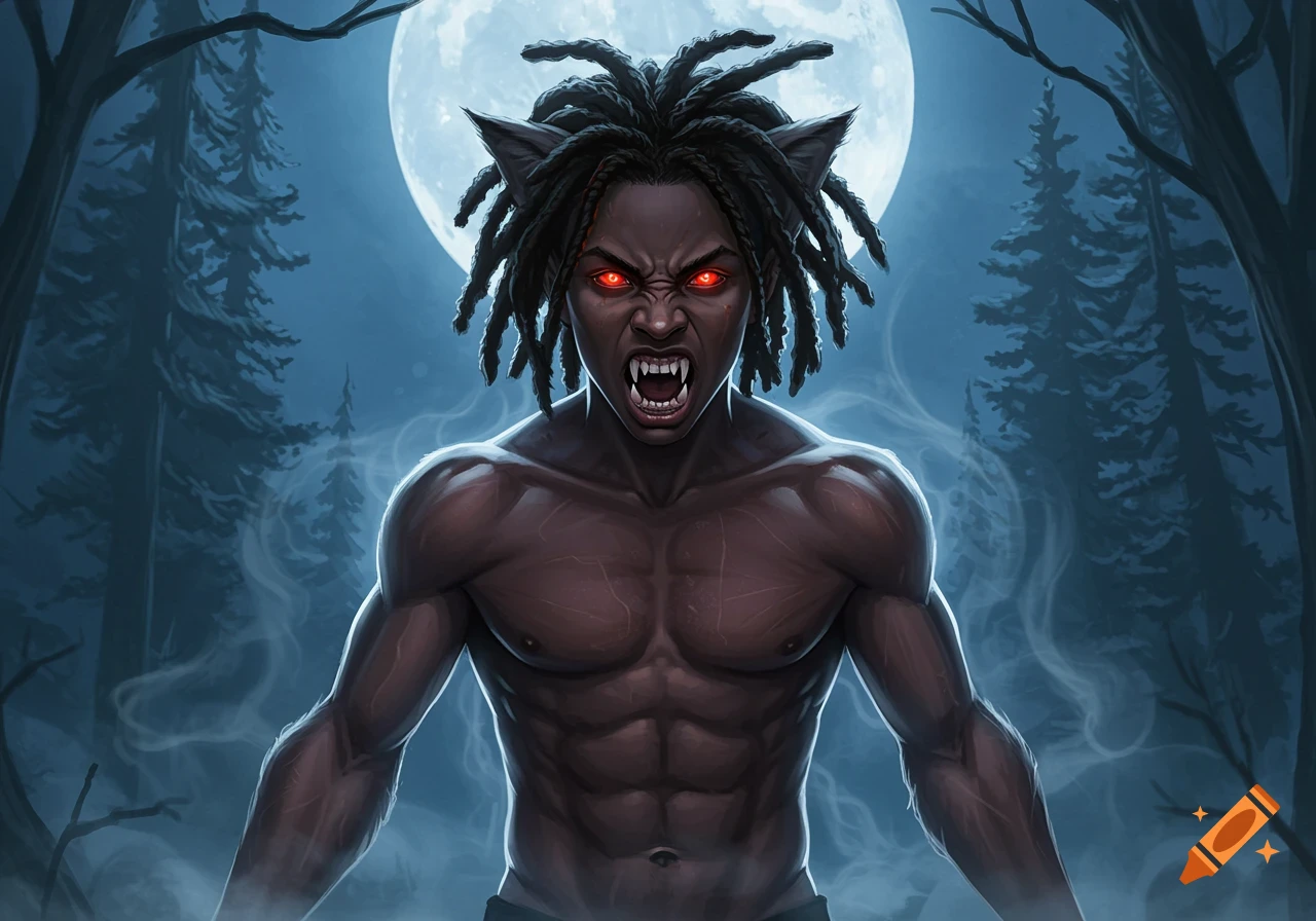 A snarling teenage werewolf with dreadlocks, glowing red eyes, fangs, and wolf ears, against a full moon in a dark forest, digital art.