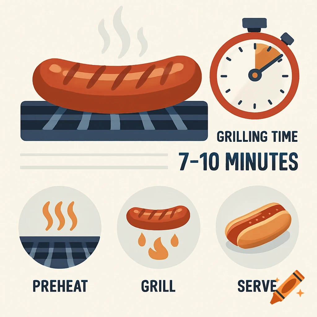 An infographic illustrating how to grill a hot dog, showing preheating, grilling for 7-10 minutes, and serving.