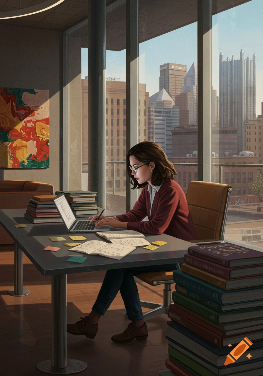A woman with glasses studies at a desk with a laptop and books, overlooking a city skyline through large windows. Sunlight streams into the modern office space.