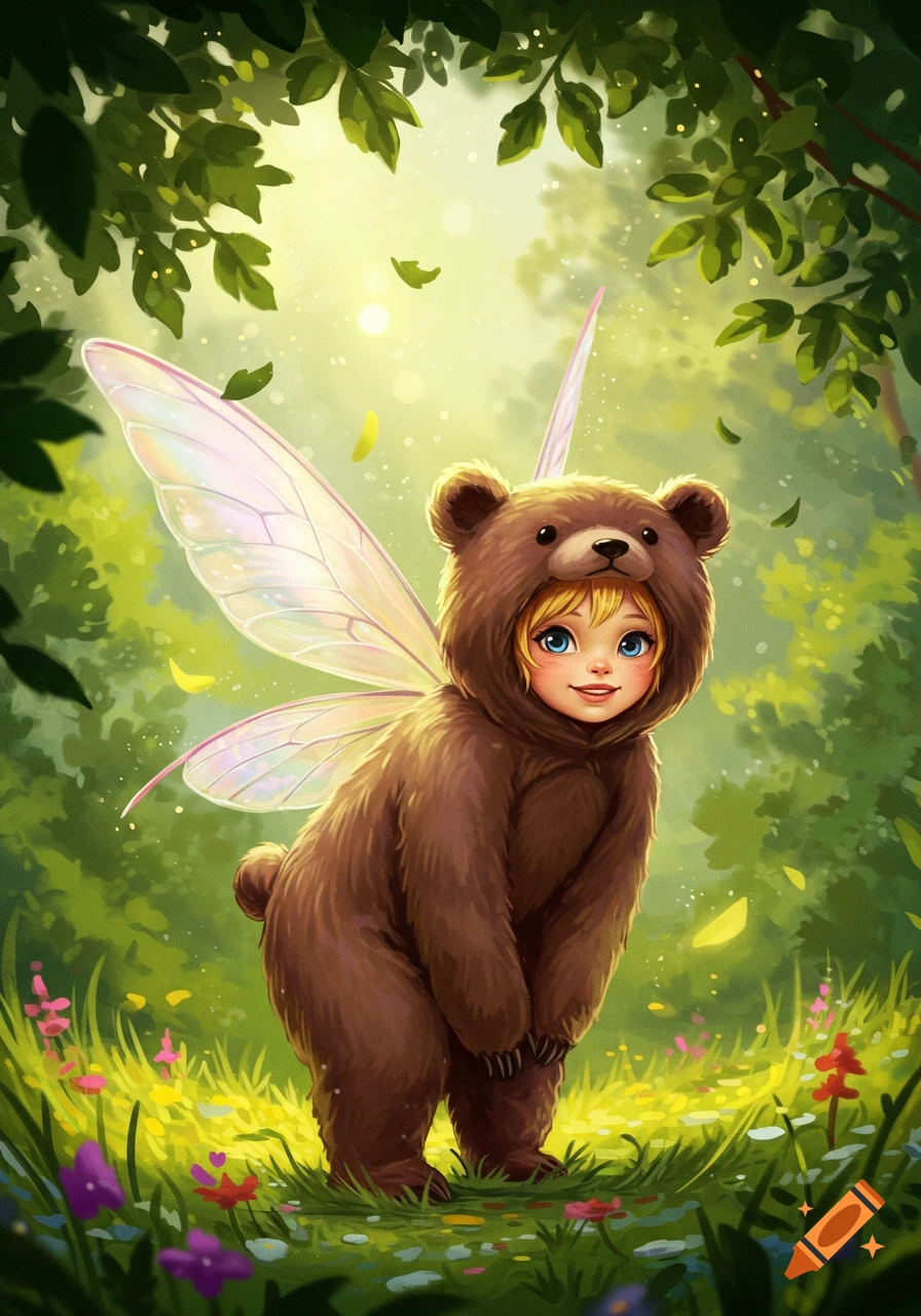 A cute fairy child in a bear costume with iridescent wings stands in a sun-dappled forest.