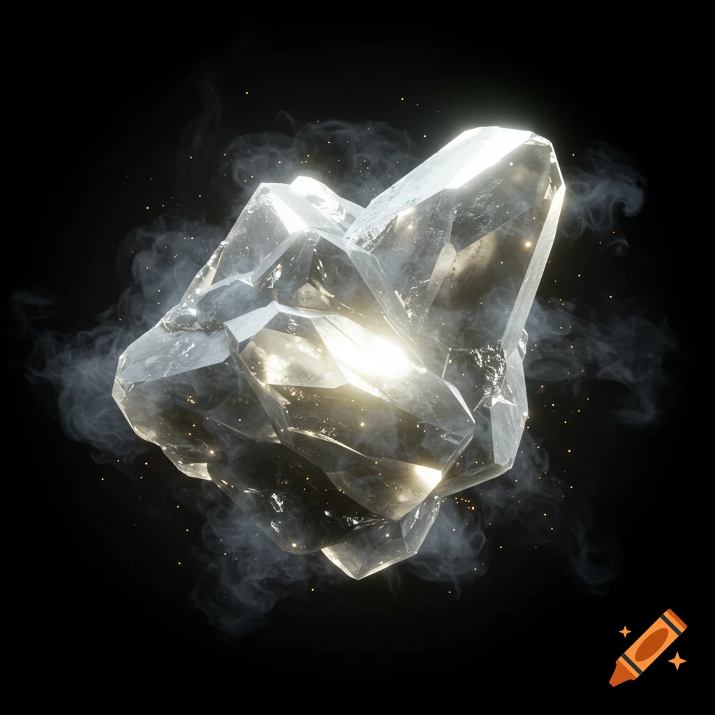 A glowing, multifaceted crystal surrounded by swirling smoke and golden particles on a black background.