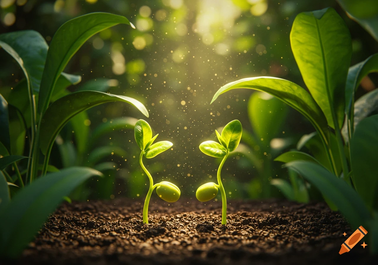 Two small green plant sprouts emerge from dark soil, bathed in sunlight with sparkling dust, surrounded by larger blurred green leaves.