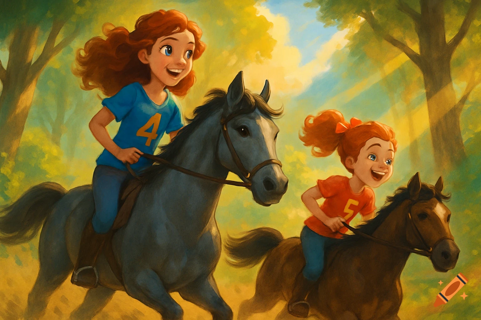 Two happy cartoon girls with red hair ride horses through a sunny forest path, one wearing a blue shirt with '4', the other a red shirt with '5'.