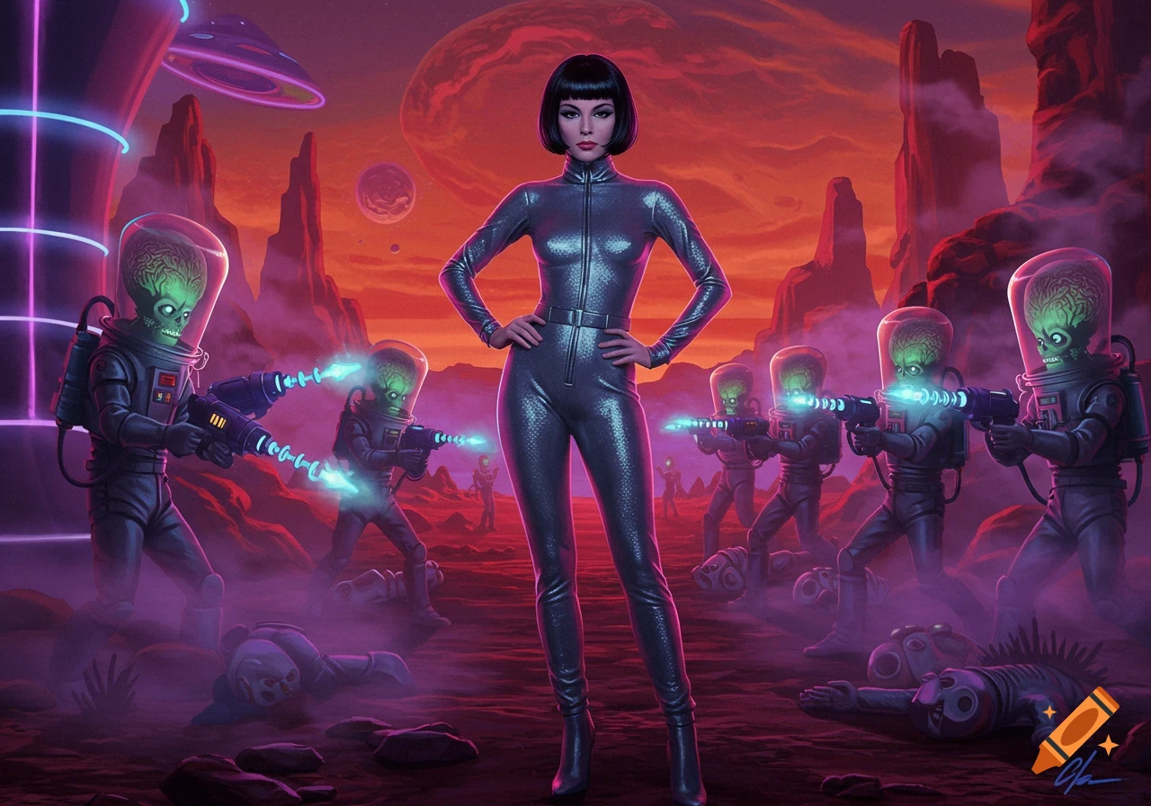 A stylish woman in a metallic suit stands among green-headed aliens with ray guns on a desolate red planet, retro-futuristic art.