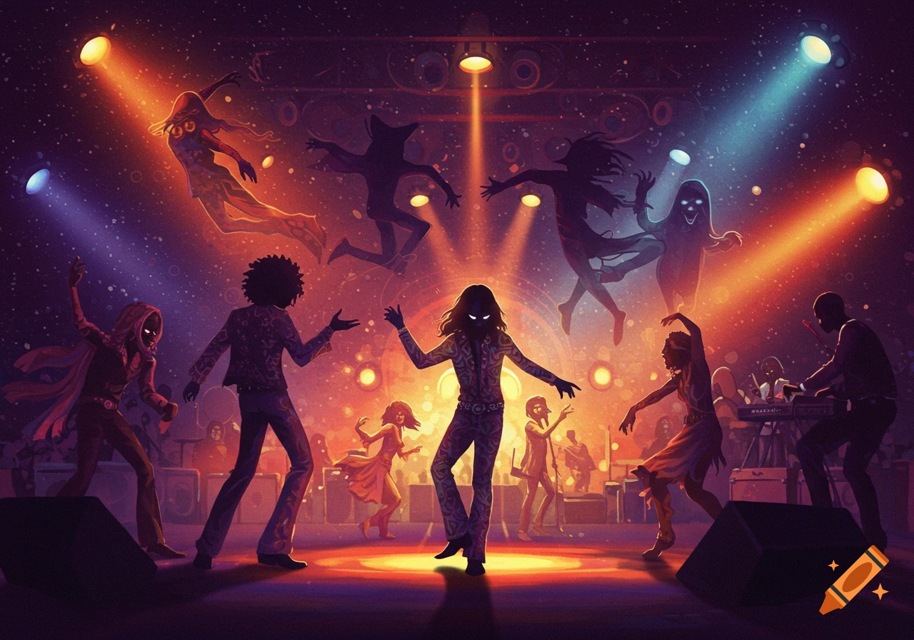 Lively, psychedelic concert with stylized dancers and musicians on stage under colorful spotlights, evoking a retro funk aesthetic.