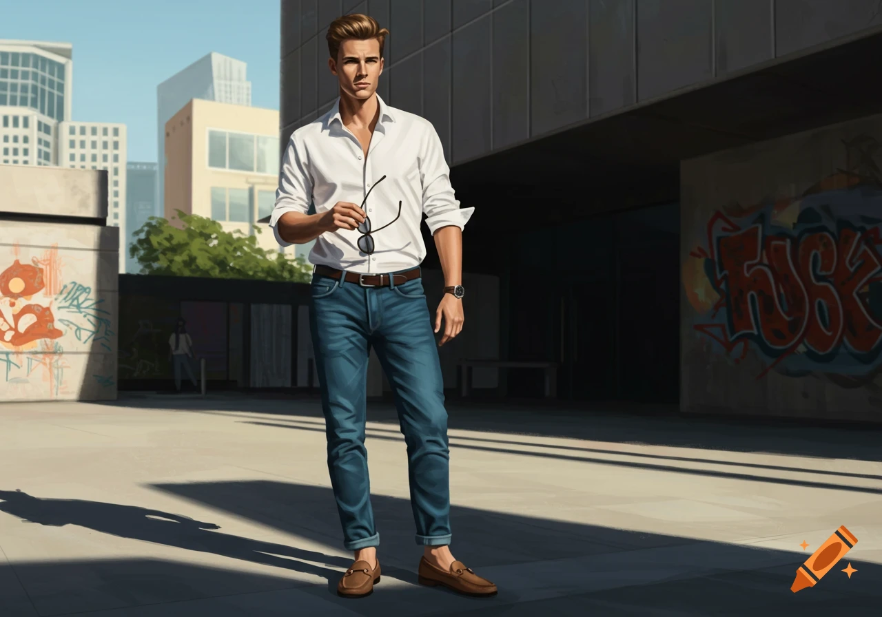 A man in a white shirt, blue jeans, and brown loafers holds sunglasses while standing in an urban setting with graffiti.