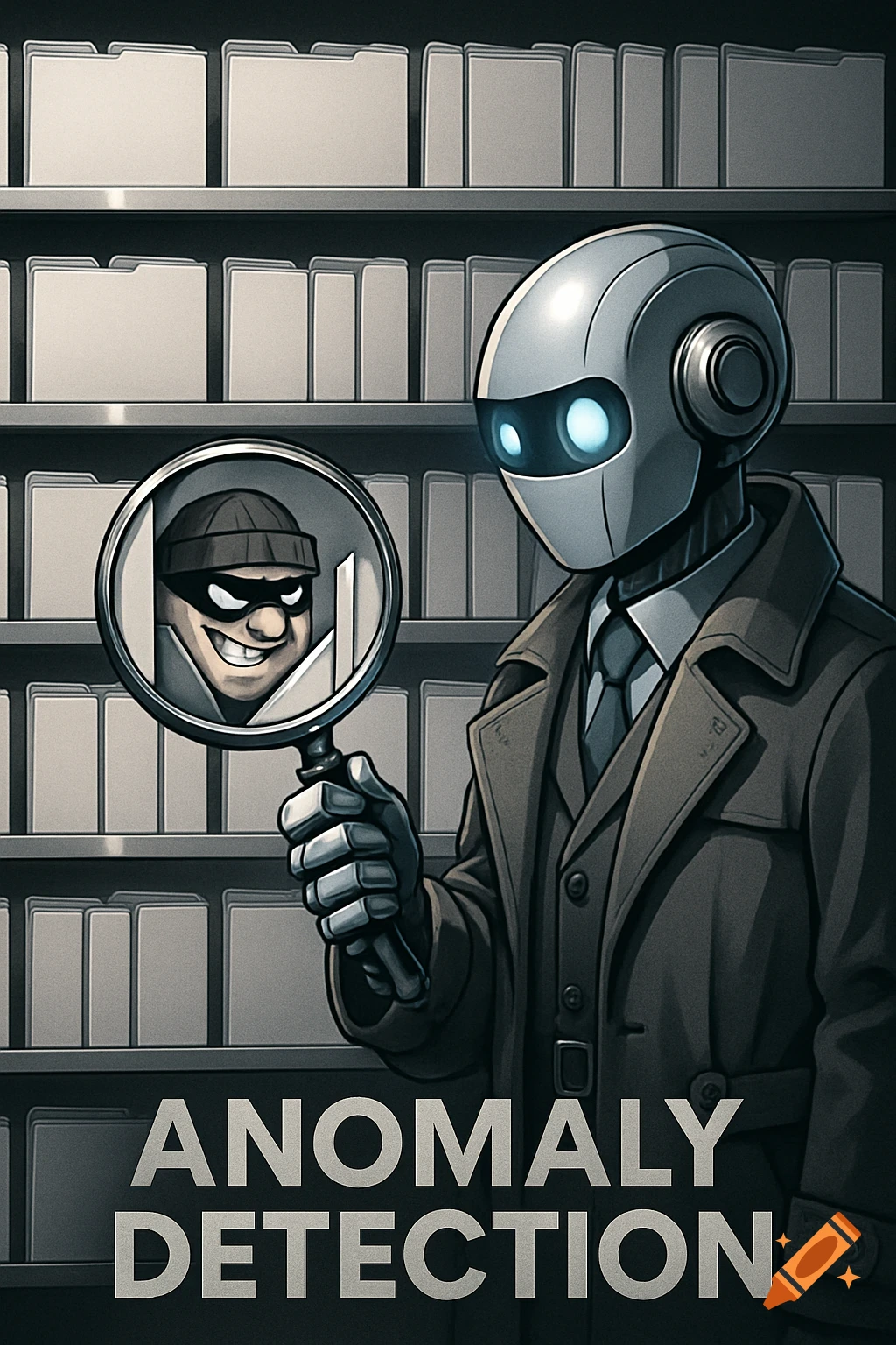 A robot detective in a trench coat holds a magnifying glass, revealing a cartoon criminal's face over a shelf of file folders. Text reads 'ANOMALY DETECTION'.