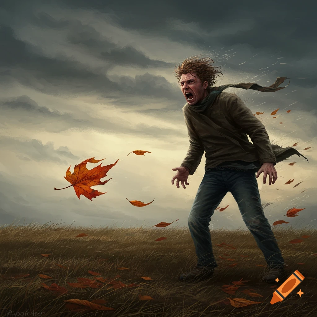 An illustration of a man shouting in a strong wind, with his hair and scarf blowing, surrounded by autumn leaves in a field under a stormy sky.